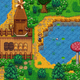 A tiny pixellated farmer in Stardew Valley goes fishing in a small watering hole.